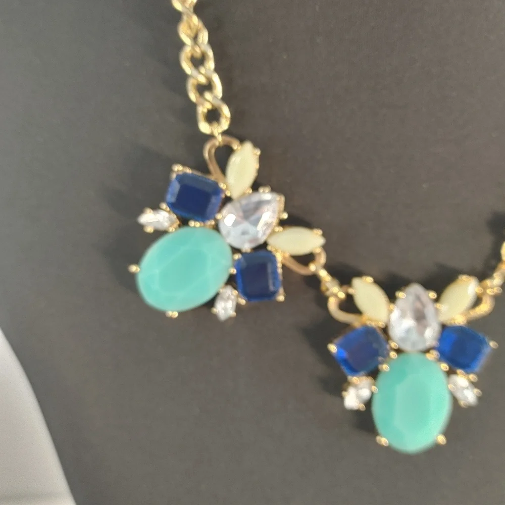 Gold Tone Statement Necklace Blue Turquoise Bib Chunky Chain